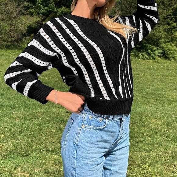 Black And White Casual Women's Striped Round Neck Hollow Out Sweater - Picture 5 of 5
